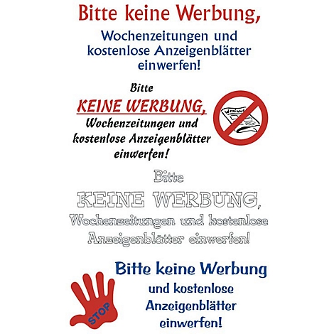 Plakat mit mehrfachem Schriftzug "Bitte keine Werbung" und Symbolen, die unerwünschte Werbung kennzeichnen.