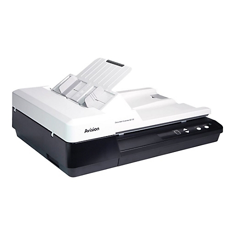 Ein weiß-schwarzer Dokumentenscanner, Modell Avision AD130, mit offenem Einzug. Knöpfe und Anzeigen auf der Vorderseite.