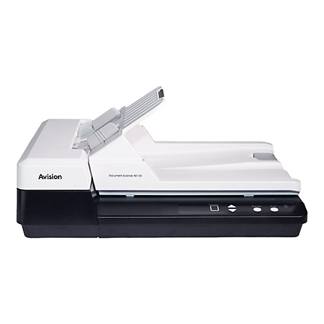 Weiß-schwarzer Dokumentenscanner mit offenem Deckel. Aufschrift: Avision, Document Scanner AD130, Scan, Cancel.