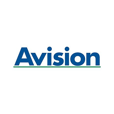 Blaues Logo der Marke Avision mit einem grünen Unterstrich auf weißem Hintergrund.