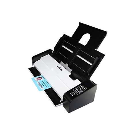 Ein schwarzer Scanner mit offenem Deckel. Eine blaue Bibliothekskarte liegt im Gerät. Auf dem Scanner steht „Avision“. Auf der Vorderseite Scan-Tasten.