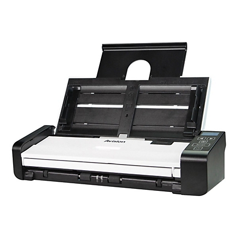 Ein weiß-schwarzer Avision-Dokumentenscanner mit aufgeklapptem Vorlageneinzug vor weißem Hintergrund.