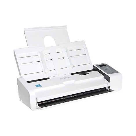Weißer Dokumentenscanner Avision mit ausgeklappter Papierzufuhr vor weißem Hintergrund.