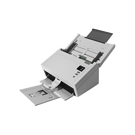 Ein grauer Dokumentenscanner mit geöffneten Ein- und Ausgabefächern. Die obere Abdeckung ist ebenfalls offen.