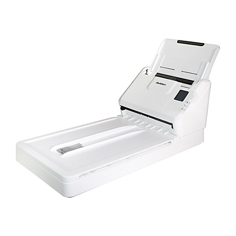 Weißer Dokumentenscanner mit aufklappbarer Papierzufuhr vor neutralem Hintergrund.