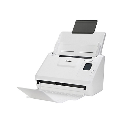 Weißer Avision Dokumentenscanner mit aufgeklapptem Einzugsfach und Bedienfeld auf weißem Hintergrund.