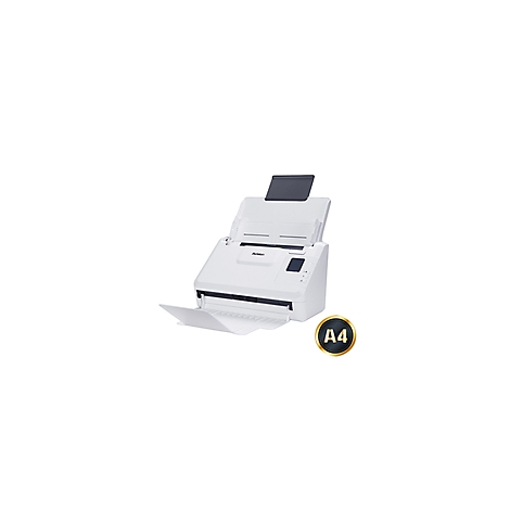Weißer Scanner mit offenem Deckel, A4-Symbol rechts unten.