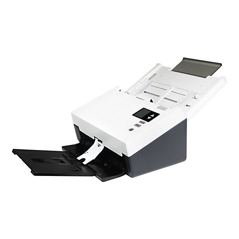 Ein weiß-grauer Avision Dokumentenscanner mit ausgefahrenen Papierfächern vor weißem Hintergrund.
