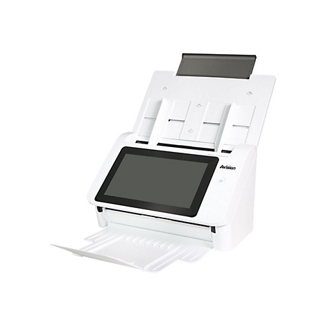 Weißer Dokumentenscanner mit Touchscreen und der Aufschrift Avision.