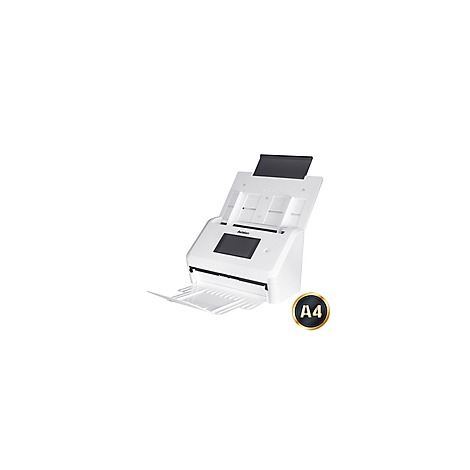 Weißer Dokumentenscanner mit geöffneter Zufuhr, darunter ein Papierausgabefach. Auf der rechten Seite ist ein Gold-Label mit der Aufschrift A4.