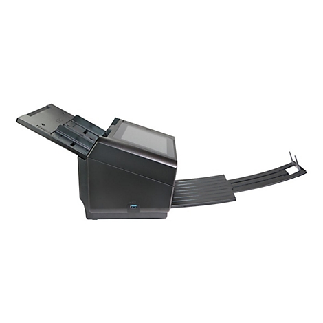 Schwarzer Dokumentenscanner mit offenem Einzug, Touchscreen und ausgefahrenem Ausgabefach. Auf hellem Hintergrund.