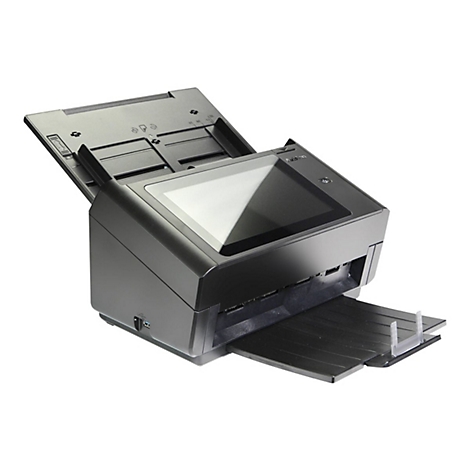 Schwarzer Scanner mit offenem Deckel und Papiereinzug. Auf weißem Hintergrund.