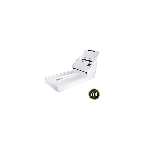 Weißer Flachbettscanner mit geöffnetem Deckel, A4-Symbol.