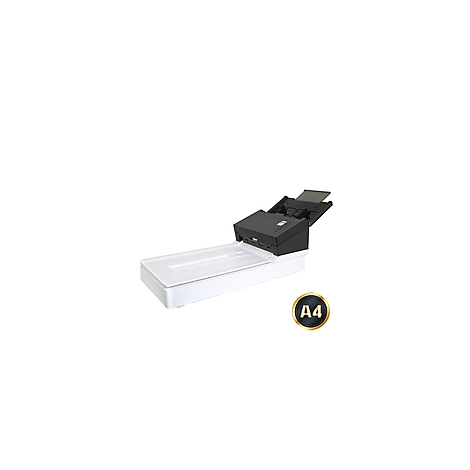 Ein weiß-schwarzer A4-Dokumentenscanner, offen, bereit zum Scannen. Das A4-Logo unten rechts.