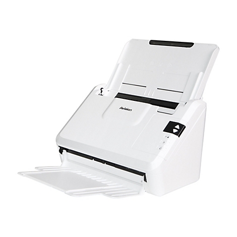 Weißer Scanner mit geöffnetem Deckel, oben das Logo "Avision", daneben Bedienelemente.
