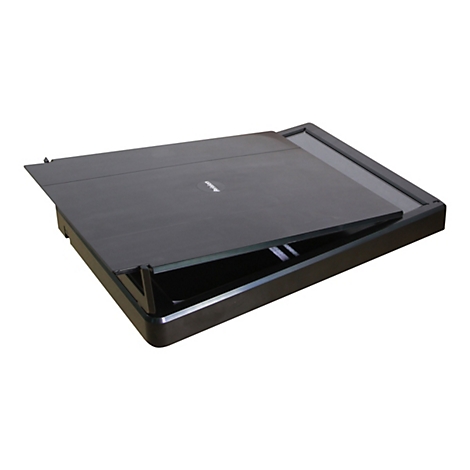 Ein schwarzer Flachbettscanner mit geöffnetem Deckel. Das Logo 'Avision' ist zu sehen.