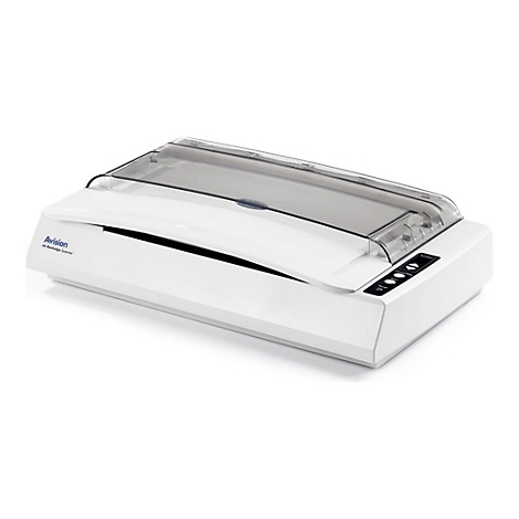 Weißer Avision A4 Buchscanner mit transparentem Deckel und Tastenfeld auf der rechten Seite vor weißem Hintergrund.