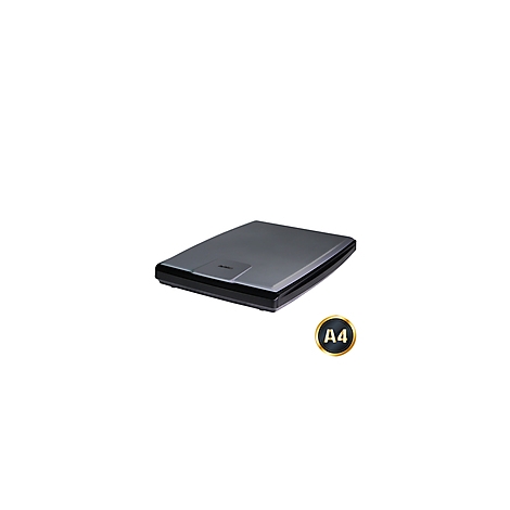 Ein schwarzer A4-Scanner auf weißem Hintergrund, mit A4-Kennzeichnung.