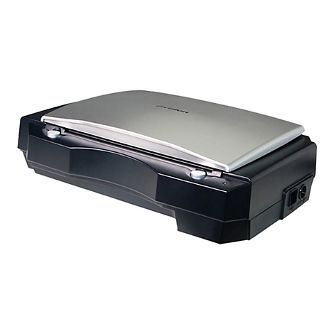 Ein grauer Flachbettscanner auf weißem Hintergrund. Die Oberseite ist silberfarben, der Rest ist schwarz.