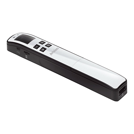 Ein schwarzer, weißer Handscanner, mit Tasten und einem Display, liegt schräg auf hellem Hintergrund. Das Logo "Avision" ist sichtbar.