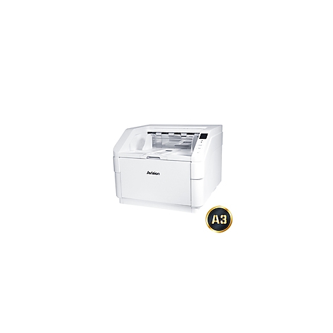 Weißer A3-Scanner, Marke Avision, mit Bedienfeld, im Hintergrund ein goldenes A3-Logo.
