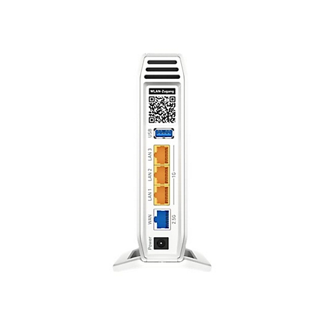 Routeur blanc, vue arrière. Connexions : LAN, WAN, USB, alimentation. Code QR pour l'accès WLAN. Sur socle blanc.