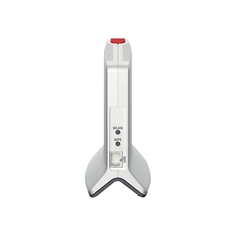 WeiÃŸer WLAN-Repeater mit rotem Knopf, unterhalb sind WLAN, WPS und LAN gekennzeichnet.