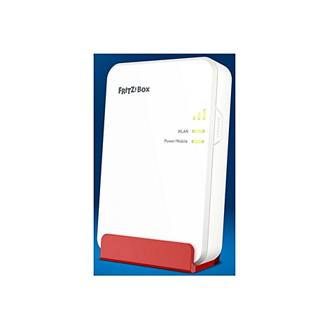 Ein weißer FRITZ!Box WLAN-Repeater mit rotem Sockel, auf blauem Grund. Oben links das Logo. Drei grüne LEDs: WLAN, Power/Mobile, Connect.