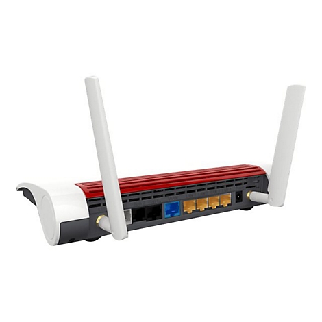 Vue arriÃ¨re d'un routeur avec antennes blanches, dessus rouge, base grise et ports.