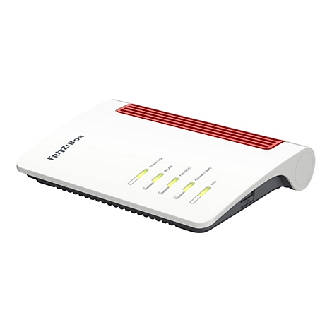 Ein weißes FRITZ!Box-Modem mit roten Akzenten. Verschiedene LEDs leuchten: Power/DSL, WLAN, Fon/DECT, Connect/WPS. Auf der Seite steht FON.