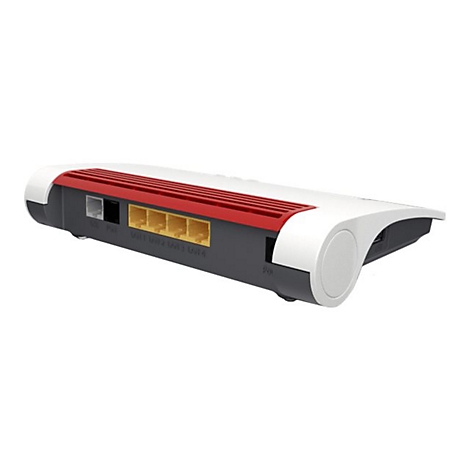 Router, weiß-rot. Rückseite mit Anschlüssen: LAN, USB, ISDN. Auf weißem Hintergrund.