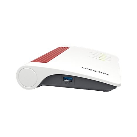 Router FRITZ!Box: Weißes Gehäuse mit roter Zierleiste und USB-Anschluss. Aufschrift „FRITZ!Box“.
