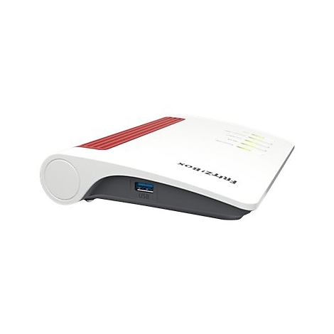 Ein weißer Router mit rotem Streifen und USB-Anschluss. Aufschrift "FRITZ!Box".