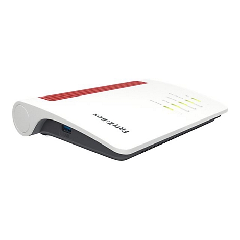 Ein weißer Router, oben mit roter Linie, links mit rundem Element. FRITZ!Box Schriftzug.