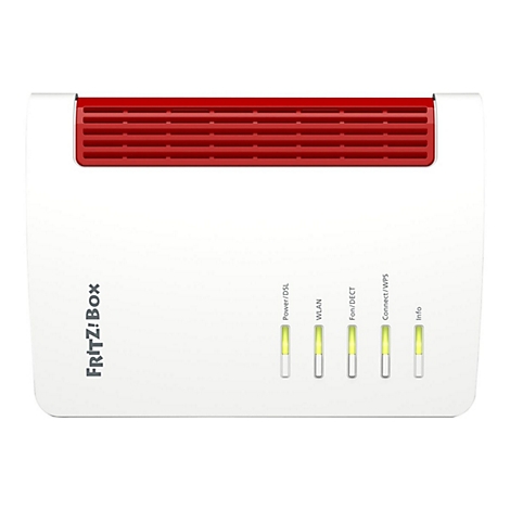 Weißer Router mit rotem Lüftungsgitter und Leuchten. Rechts: Power, WLAN, Fon/DECT, Connect/WPS, Info.