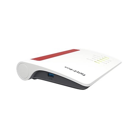Weißer Router, roter Streifen, USB-Anschluss. Aufschrift FRITZ!Box.