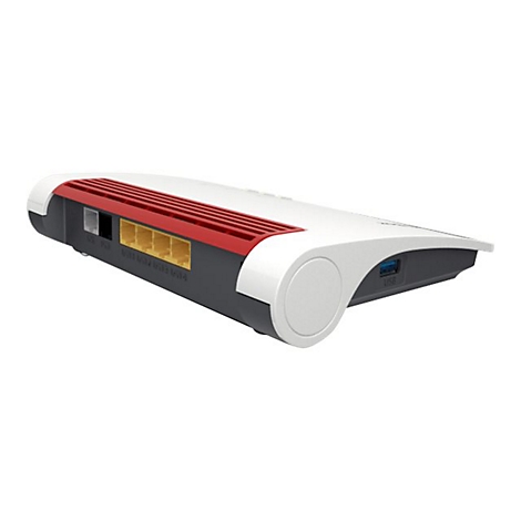 Ein Router in Weiß, Rot und Grau, mit Anschlüssen und USB-Anschluss.