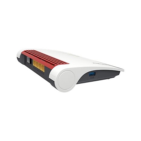 Weißer Router, roter Streifen, seitliche Anschlüsse, USB-Anschluss.