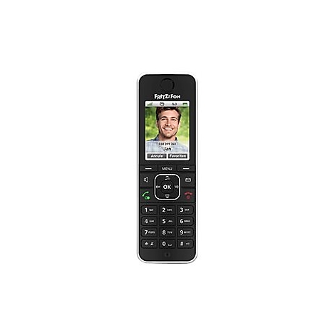 Ein schwarzes FRITZ!Fon-Telefon zeigt ein Portrait von Jan auf dem Display. Auf dem Display-Rand steht: Anrufe, Favoriten.