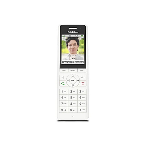 Weißes FRITZ!Fon mit Farbdisplay, zeigt das Foto und den Namen der Anruferin Lea.