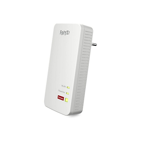 Weißer FRITZ! Powerline-Adapter mit Stecker, WLAN- und Powerline-Anzeigen sowie roter Connect-Taste.