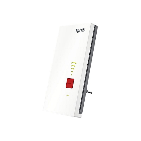 Un répéteur WLAN Fritz! blanc avec un bouton de connexion rouge.