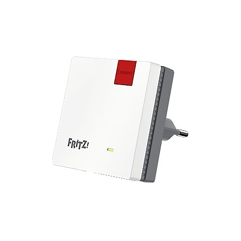Weißer FRITZ!Repeater mit roter Connect-Taste und leuchtender LED auf weißem Hintergrund.