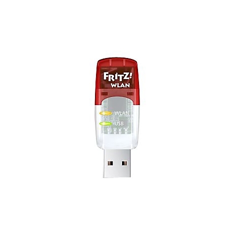 FRITZ!WLAN USB-Stick mit weißem Gehäuse, roter Kappe und zwei leuchtenden Status-LEDs.
