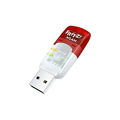 FRITZ!WLAN USB-Stick mit rotem Gehäuseende und transparentem Mittelteil mit Status-LEDs.