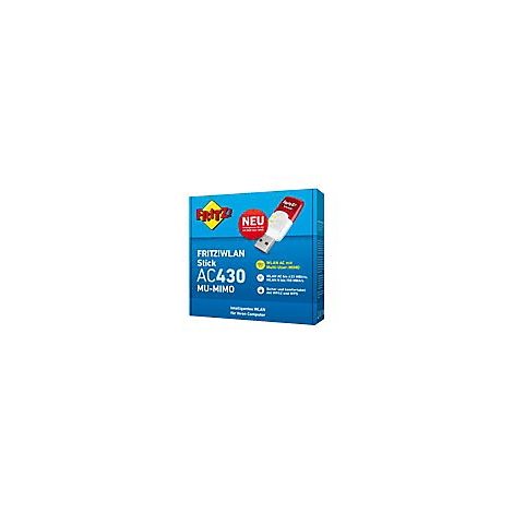 Blaue Produktverpackung des FRITZ!WLAN Stick AC430 MU-MIMO mit rotem Stick-Abbild und technischen Daten.