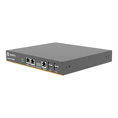 Graue elektronische Box mit AnschlÃ¼ssen. Aufschrift Vertiv und Modellname.