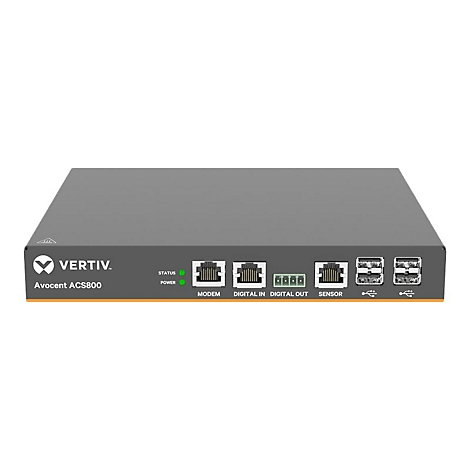 Serveur gris Vertiv ACS800 avec connexions pour modem, capteur, USB. Inscription : Status, Power.