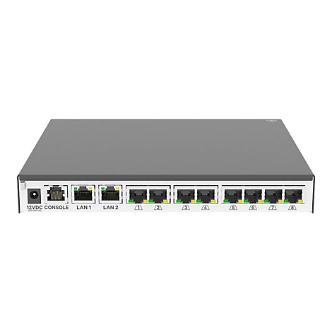 Commutateur rÃ©seau gris avec divers ports et des Ã©tiquettes comme LAN 1, LAN 2.
