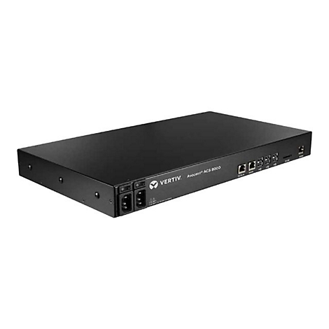 Schwarzes IT-Gerät, Vertiv Avocent ACS 8000. Mit Anschlüssen und dem Logo.